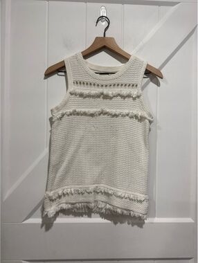 J.Crew White Cotton Knit Sleeveless Top with Fringe Details, Size S